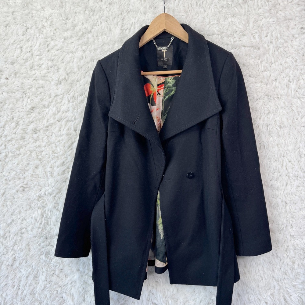 Ted Baker London Wool Cashmere Blend Coat Sz 1 Small Black Wrap Belted Career